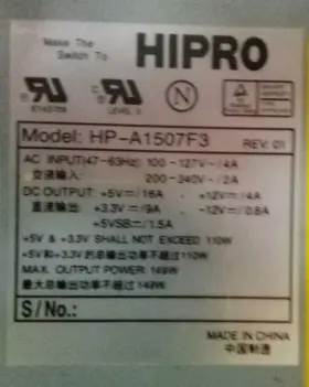Hp-a1507f3 Hp 0950-4270 Hipro Desktop Computer Power Supply Oem 149w Cable