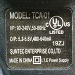 Suntec Model TCA-01 Power Supply 5.2-5.6V 480-640MA Used. Price: $31.83.